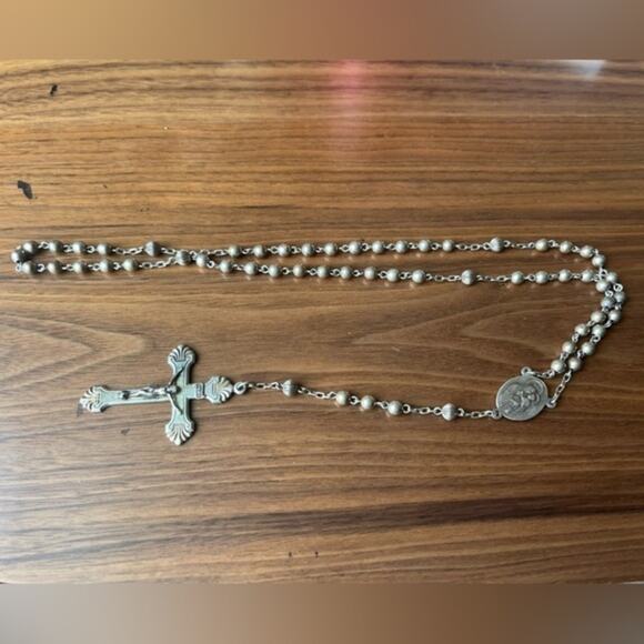 Vintage 1960s Hill Mark 925 STERLING Silver Rosary Bead Necklace Crucifix - Picture 1 of 16